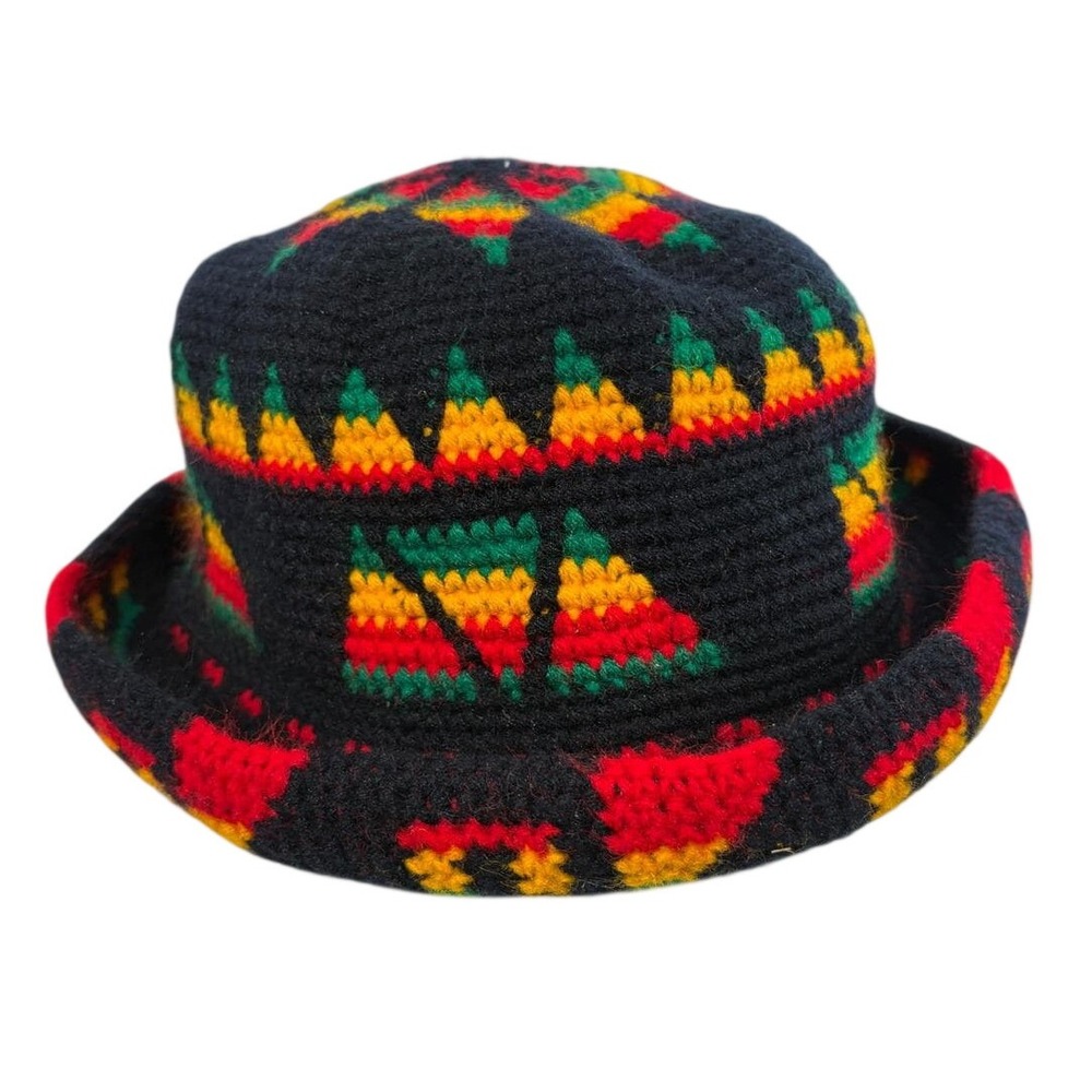 Vintage Handmade Rasta Crochet Bucket Hat Black Red Yellow Green‎ Geometric Star